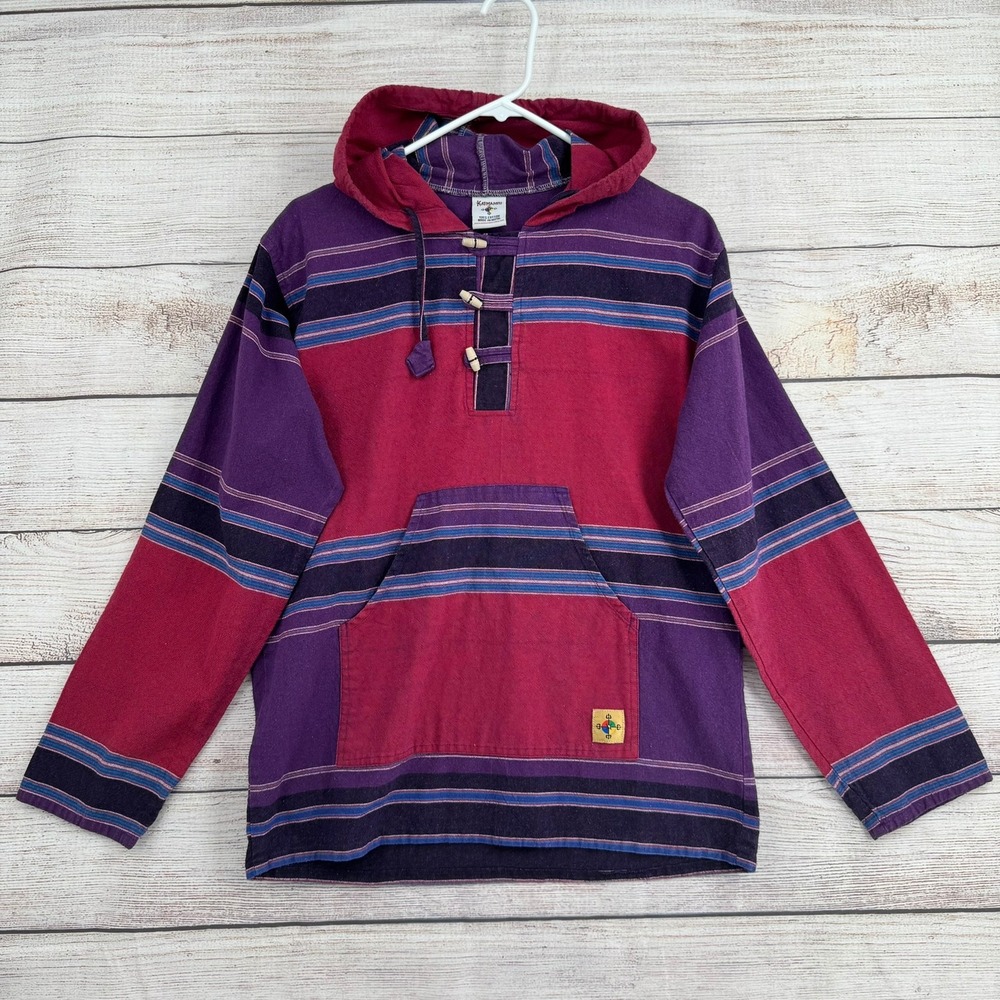 Katmandu Woven Cotton Hoodie Mens Medium Purple Red Striped Baja Toggle Pullover